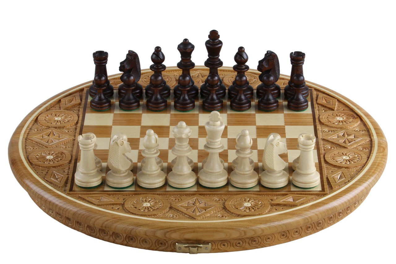 Scacchi Rubin - custodia rotonda intagliata a mano (33 cm) - Scacchi Rubin - custodia rotonda intagliata a mano (33 cm)
