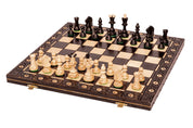 Scacchi in legno SENATOR 42×42 cm — pezzi intagliati, neri (re 80 mm, notazione, pieghevoli)