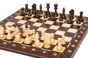 Scacchi in legno SENATOR 42×42 cm — pezzi intagliati, neri (re 80 mm, notazione, pieghevoli)