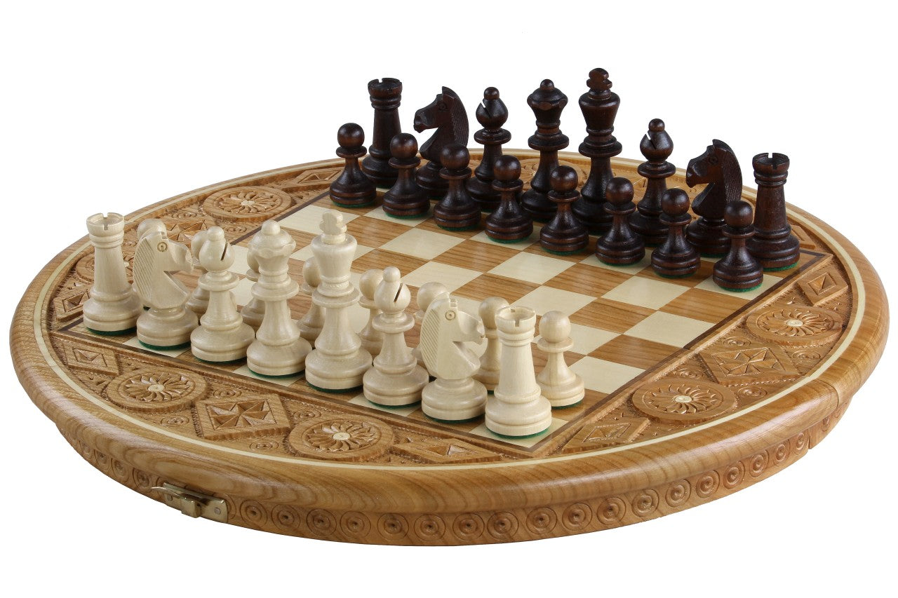 Scacchi Rubin - custodia rotonda intagliata a mano (33 cm) - Scacchi Rubin - custodia rotonda intagliata a mano (33 cm)